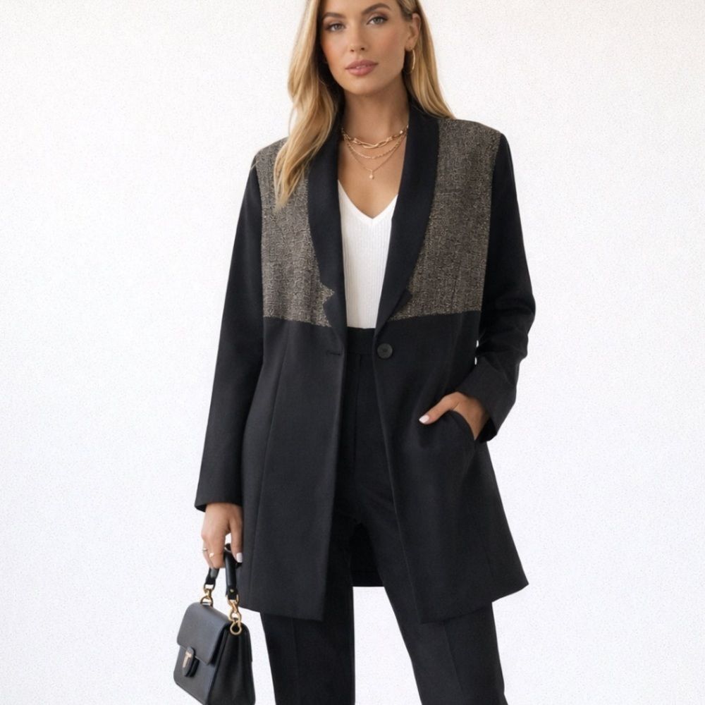 Ronen Chen Black Longline Blazer Size 4 Color Block Clean Girl Office Career